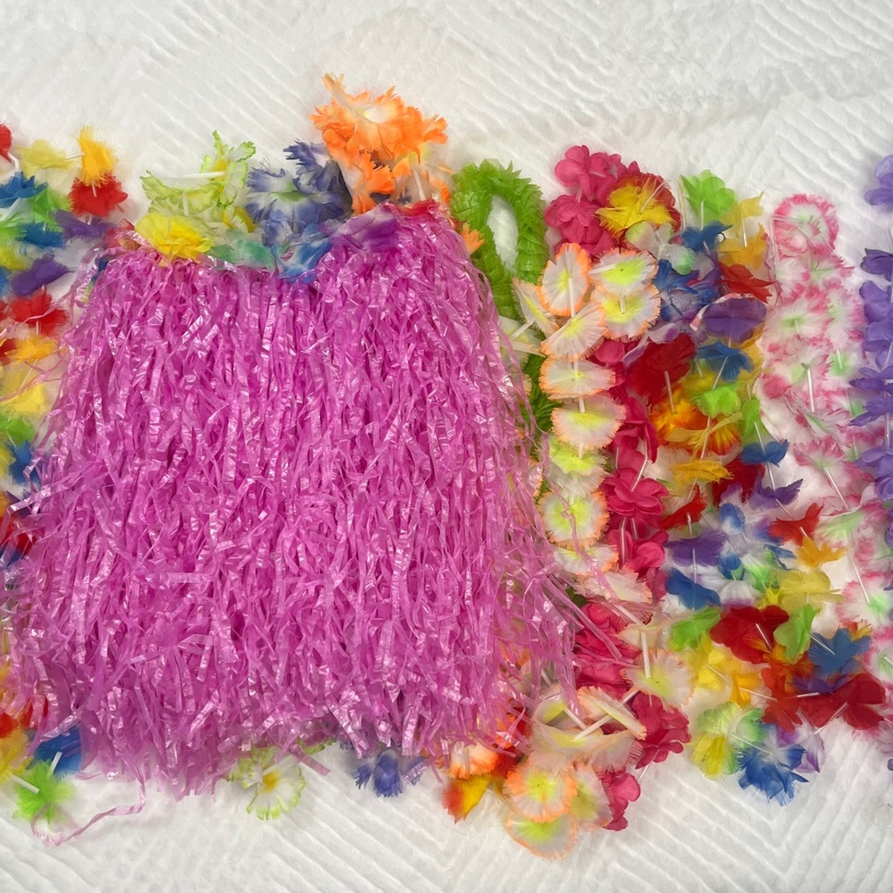 Hawaiian Luau Set Pink Grass‎ Skirt Flower Lei leis dress up